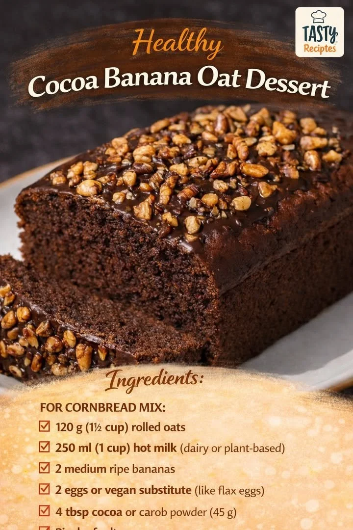 Healthy cocoa banana oat dessert served in a bowl with fresh fruits on top