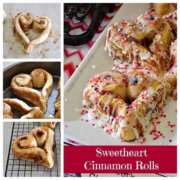 Heart-shaped cinnamon rolls topped with icing and served on a plate