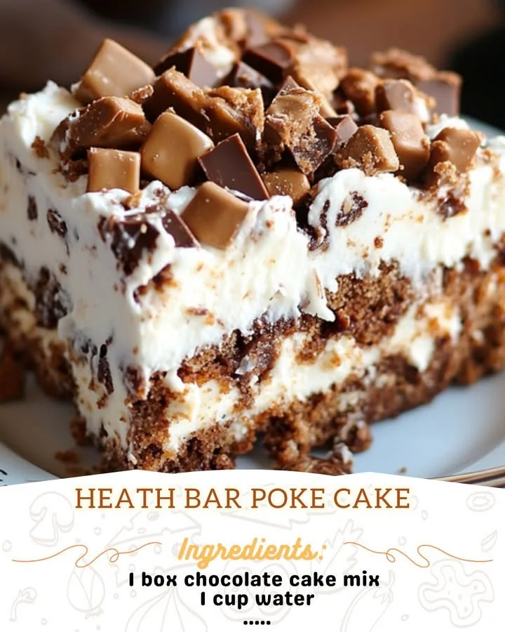 Delicious Heath Bar Poke Cake topped with chocolate and toffee pieces.