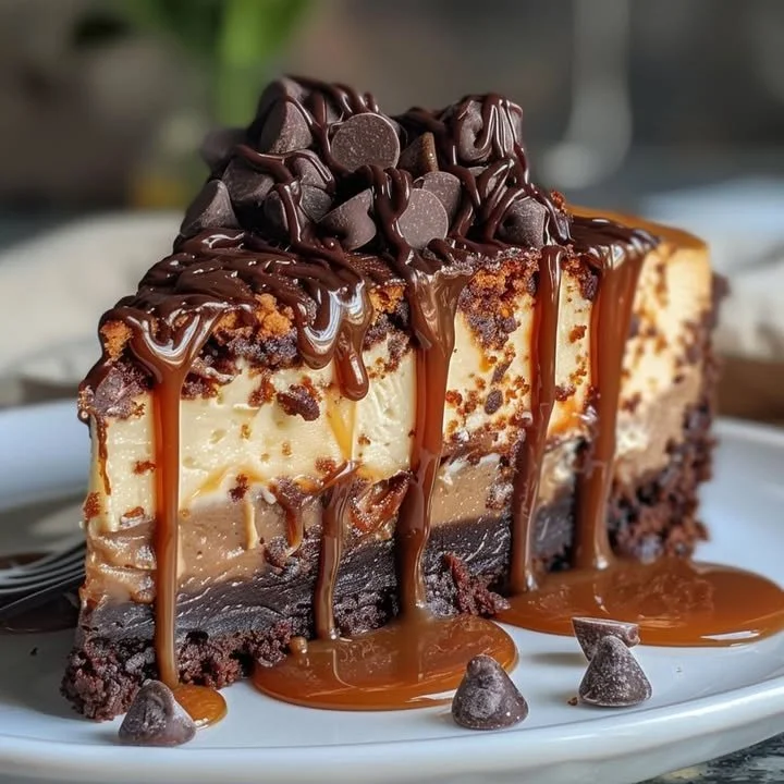 Decadent caramel brownie cheesecake topped with drizzled caramel sauce.