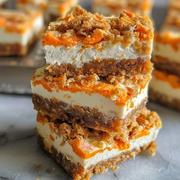 Delicious Heavenly Carrot Cake Bars topped with cream cheese frosting on a plate