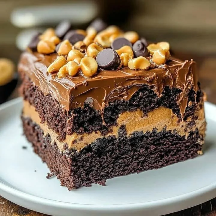 Heavenly chocolate peanut butter ooey gooey cake topped with chocolate drizzle