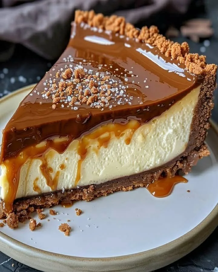 Slice of delectable Millionaire's Cheesecake with chocolate sauce and whipped cream