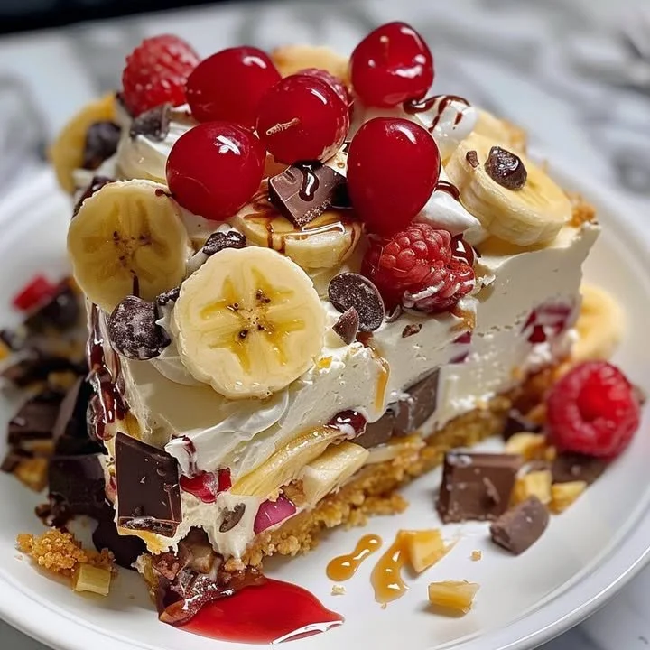 No-bake banana split cheesecake topped with whipped cream and banana slices