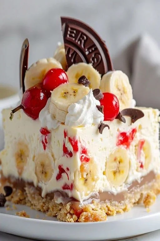 No-bake banana split cheesecake topped with whipped cream and cherries