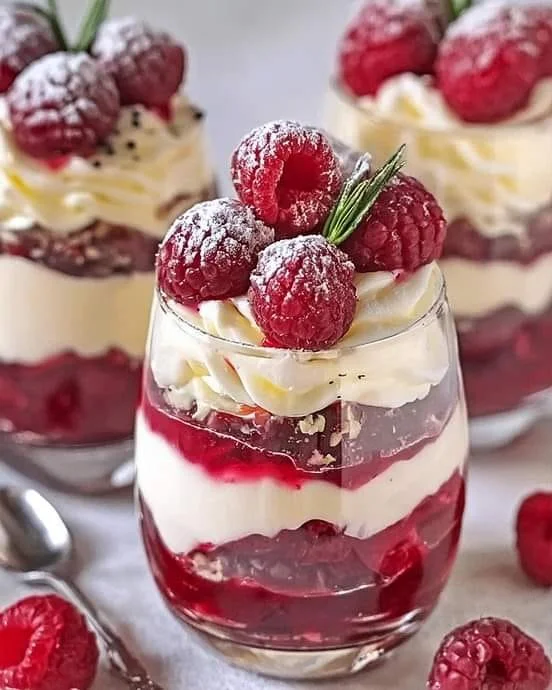 Heavenly raspberry white chocolate mousse parfait dessert