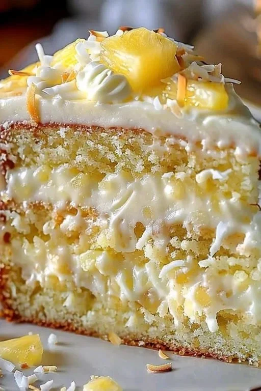 Heavenly white chocolate pineapple cake with layers of creamy frosting and pineapple.