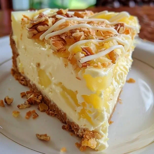 Heavenly White Chocolate Pineapple Coconut Cheesecake topped with coconut and pineapple
