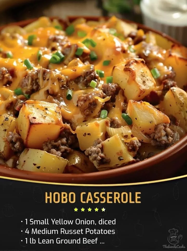 A hearty Hobo Casserole dish featuring layers of meat, vegetables, and cheese.