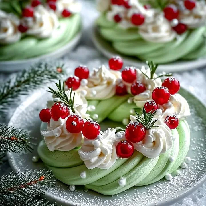 Festive holiday wreath meringues decorated with fresh fruit, perfect for celebrations.