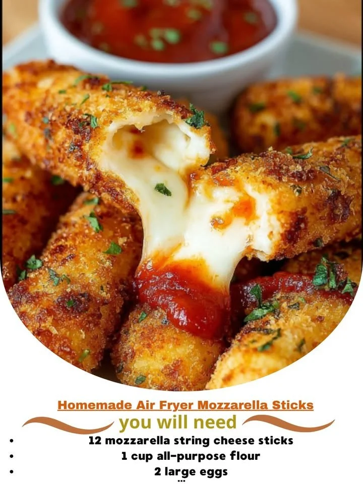 Crispy homemade air fryer mozzarella sticks served with marinara sauce