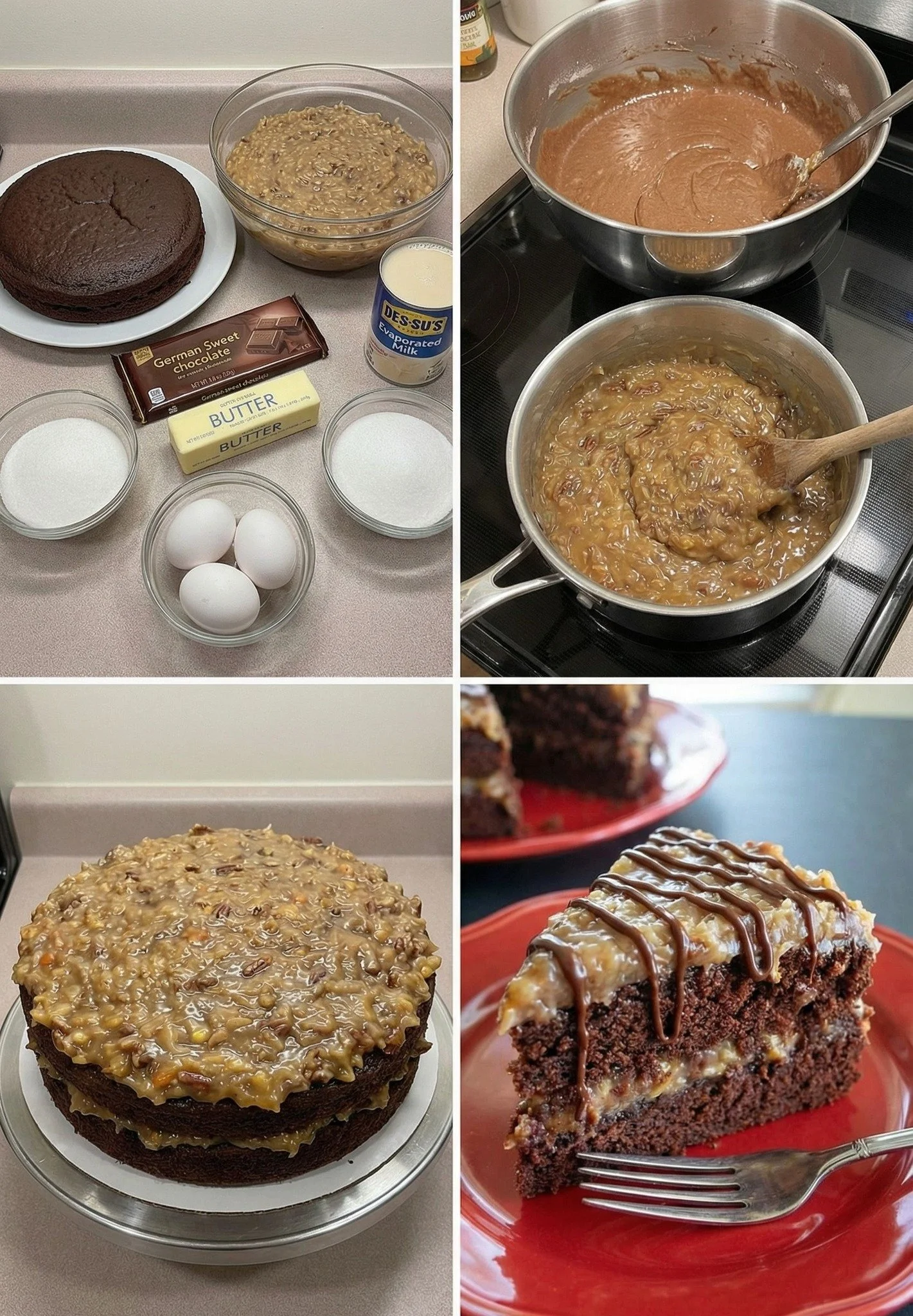 Slice of homemade German chocolate cake with coconut pecan frosting