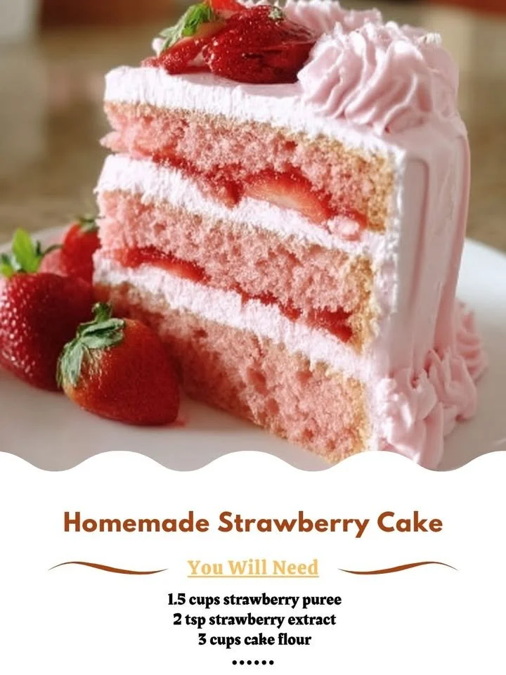 Delicious homemade strawberry cake topped with fresh strawberries and cream
