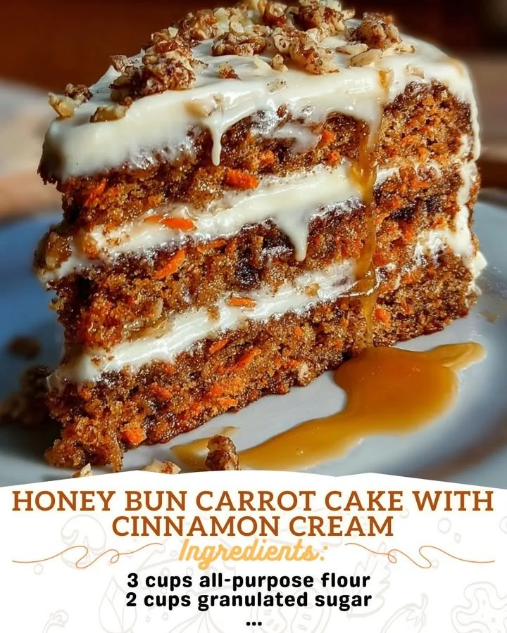 Honey Bun Carrot Cake topped with Cinnamon Cream, showcasing a delicious dessert.
