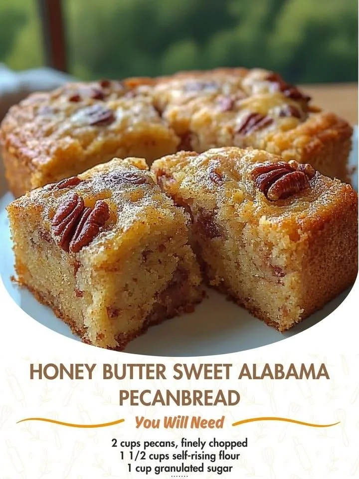 Delicious Honey Butter Sweet Alabama Pecanbread with pecans and honey drizzle.