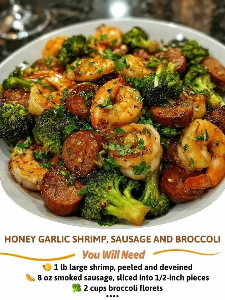 Honey Garlic Shrimp with Sausage and Broccoli dish served on a plate
