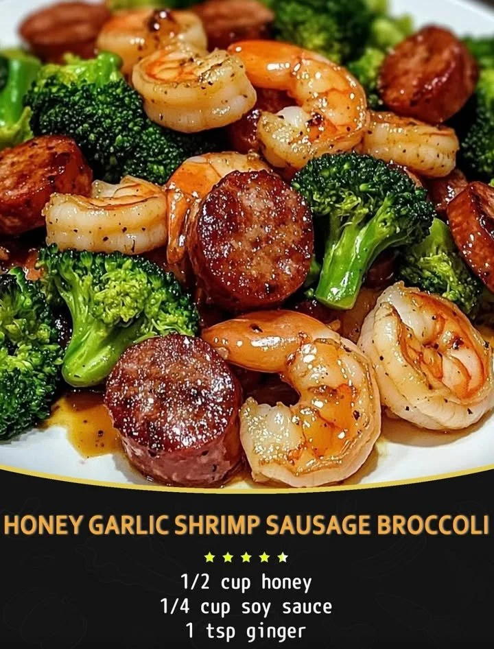 Honey Garlic Shrimp with sausage and broccoli served in a bowl