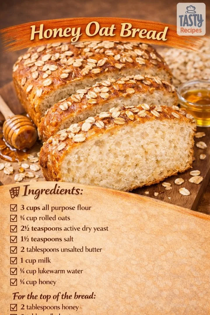 Loaf of freshly baked honey oat bread on a wooden cutting board