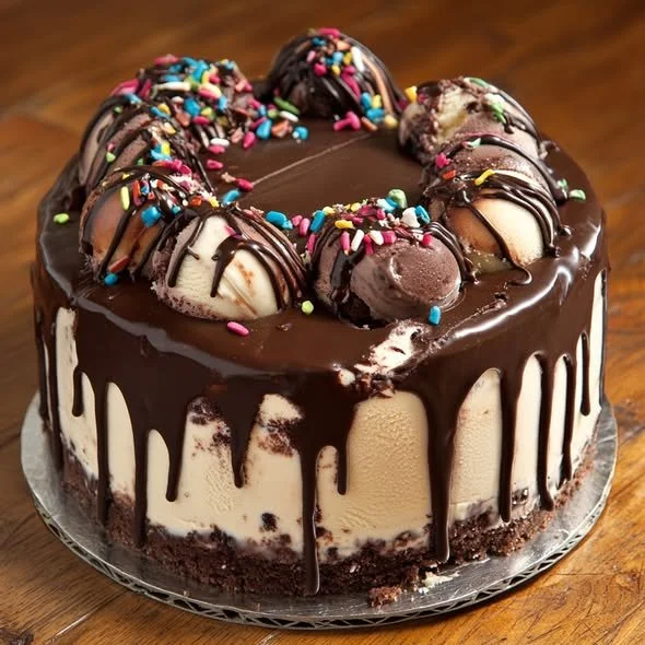 Delicious slice of Hot Fudge Ice Cream Cake topped with chocolate fudge and sprinkles