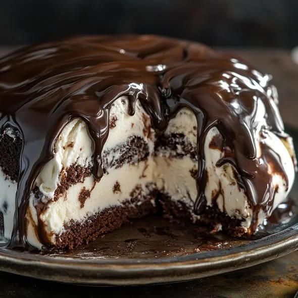 Delicious Hot Fudge Ice Cream Cake topped with chocolate and nuts