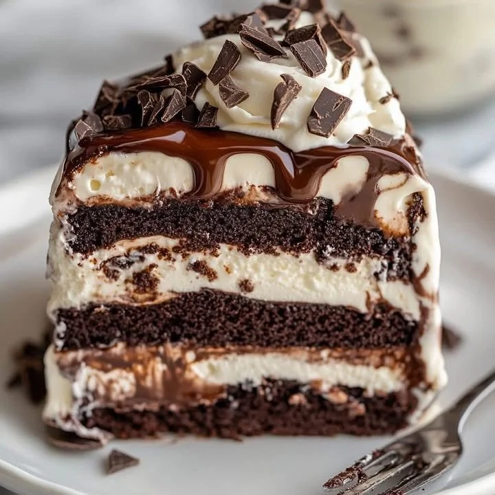 Slice of Hot Fudge Ice Cream Cake topped with chocolate fudge