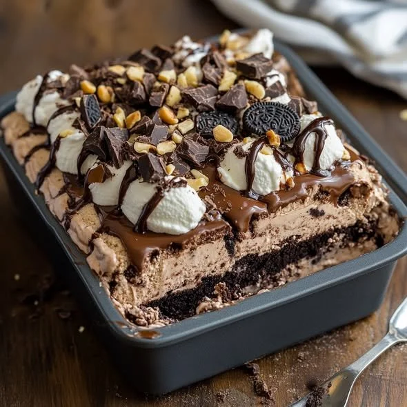 Delicious slice of hot fudge ice cream cake with chocolate sauce and sprinkles