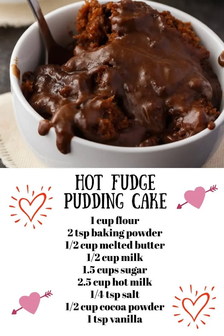 Delicious hot fudge pudding cake topped with chocolate sauce and served with ice cream.