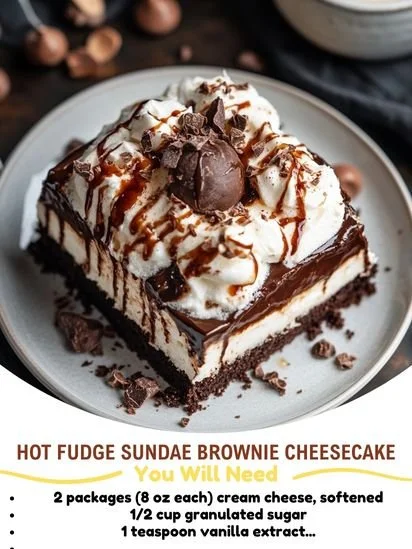 Delicious hot fudge sundae brownie cheesecake topped with whipped cream and chocolate drizzle.