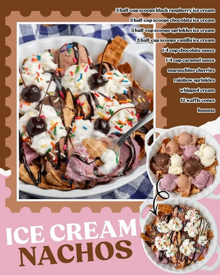 A colorful plate of ice cream nachos topped with sprinkles, chocolate, and fruit.