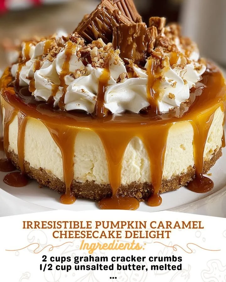Slice of pumpkin caramel cheesecake topped with whipped cream and caramel drizzle