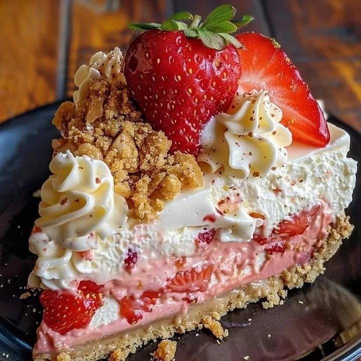 Irresistible strawberry crunch cheesecake topped with fresh strawberries and graham cracker crust