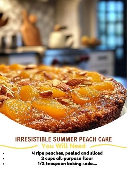 Delicious summer peach cake topped with fresh peaches and whipped cream