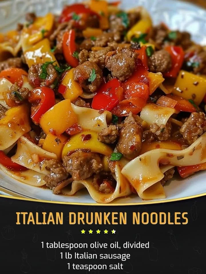 Plate of Italian Drunken Noodles with fresh vegetables and herbs