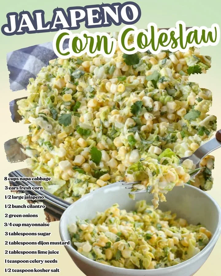 Bowl of spicy Jalapeño Corn Coleslaw topped with fresh herbs