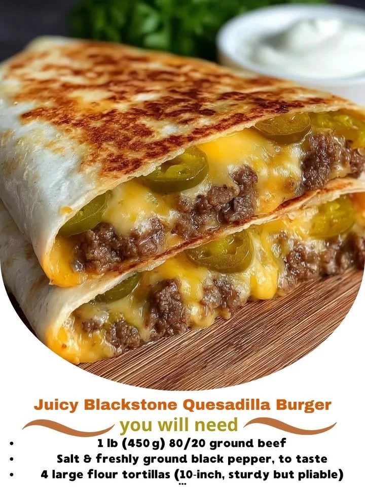 Juicy quesadilla burger cooked on a Blackstone grill with melted cheese and toppings.