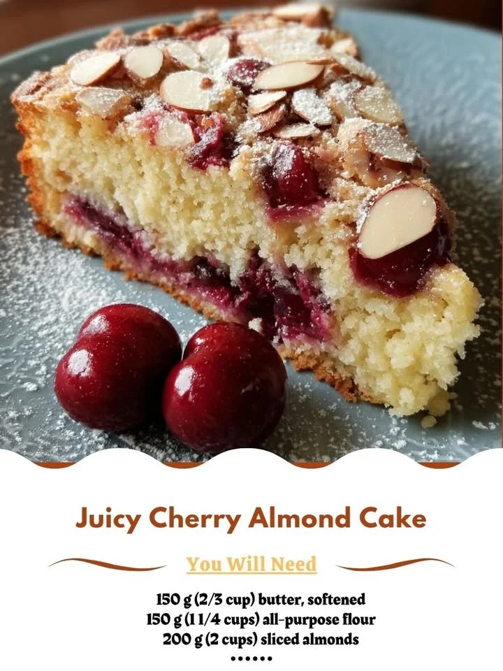 Juicy Cherry Almond Cake topped with fresh cherries and almond slices