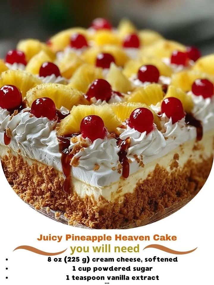 Juicy Pineapple Heaven Cake topped with fresh pineapple slices and whipped cream