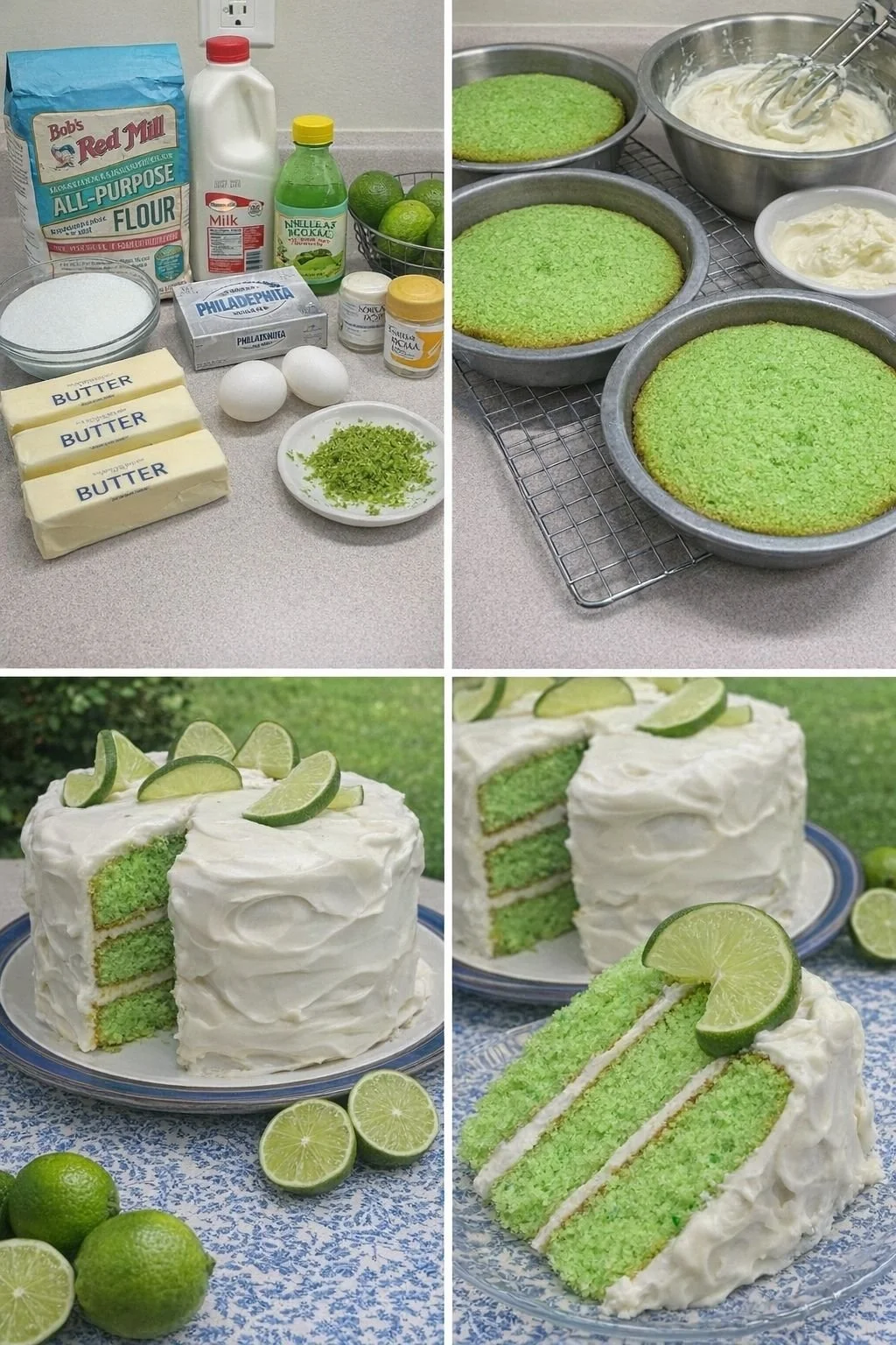 Delicious Key Lime Cream Cheese Cake topped with fresh limes and cream cheese frosting.