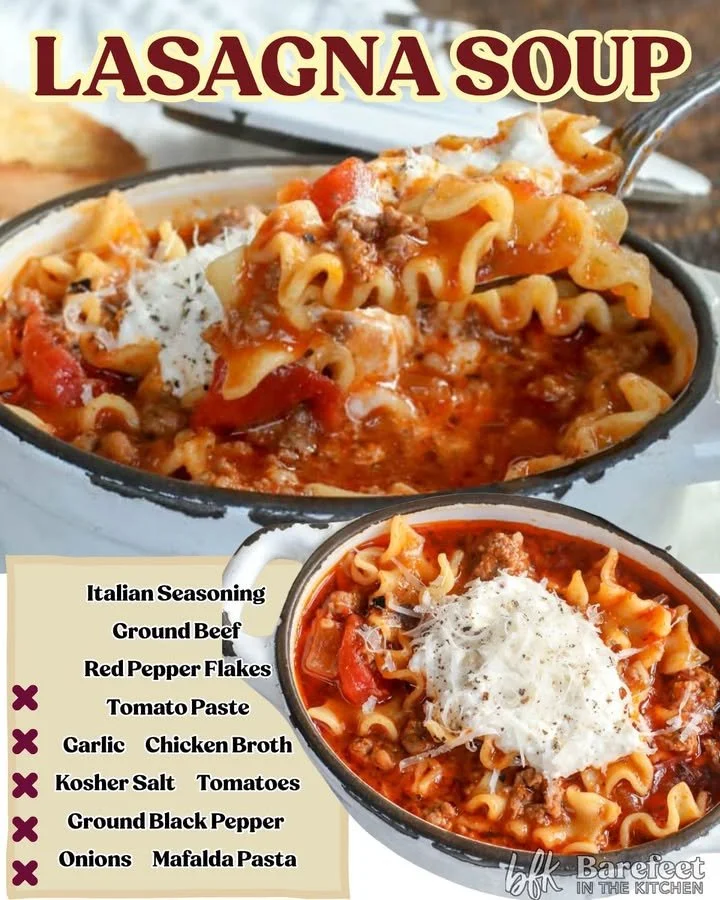 A bowl of steaming lasagna soup topped with cheese and herbs