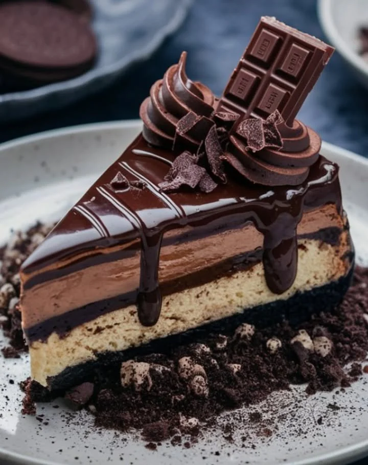 Delicious layered chocolate delight dessert with creamy chocolate and toppings