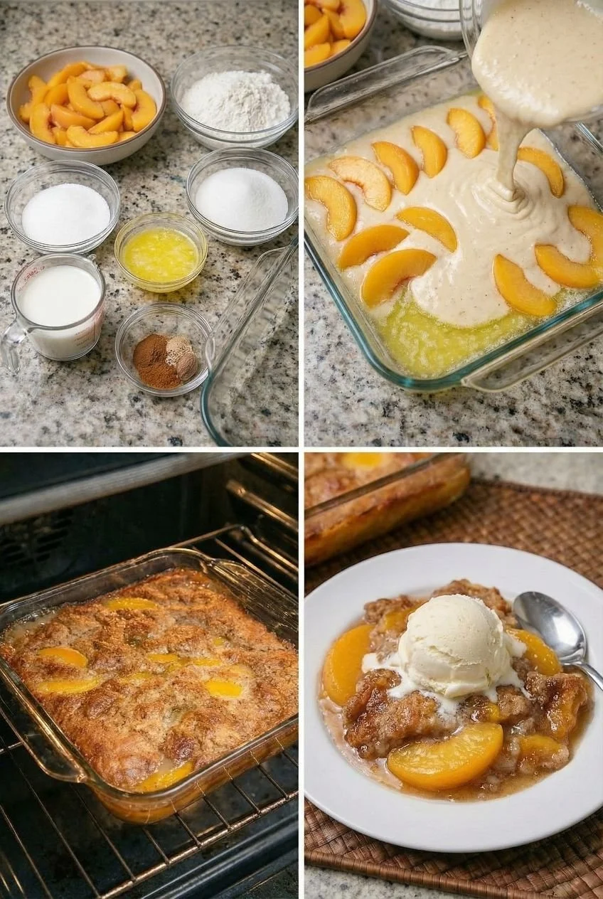 Lazy Man Peach Cobbler dessert with fresh peaches and golden crust