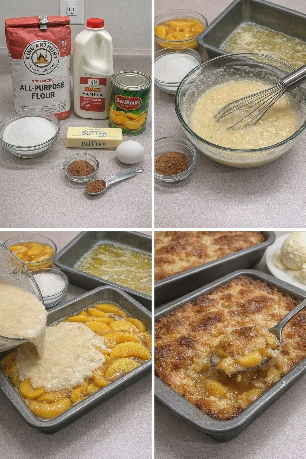 Easy Lazy Man's Peach Cobbler dessert with fresh peaches and a flaky topping