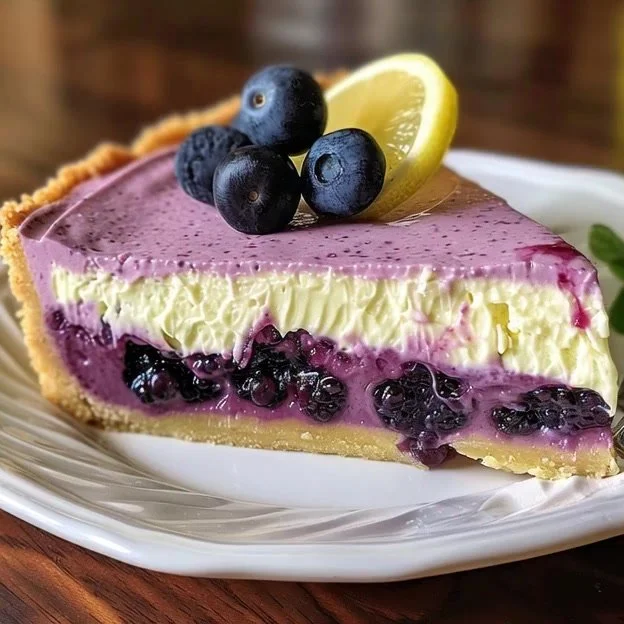 Lemon Blueberry Mousse dessert in a glass topped with fresh blueberries and lemon zest.