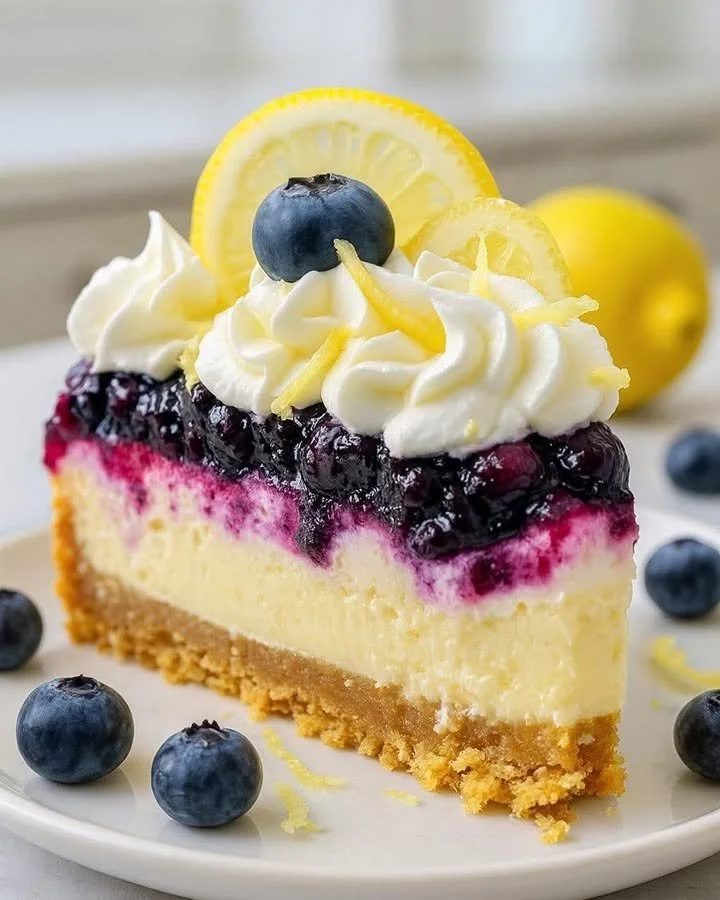 Delicious lemon cheesecake topped with fresh blueberries for a perfect dessert