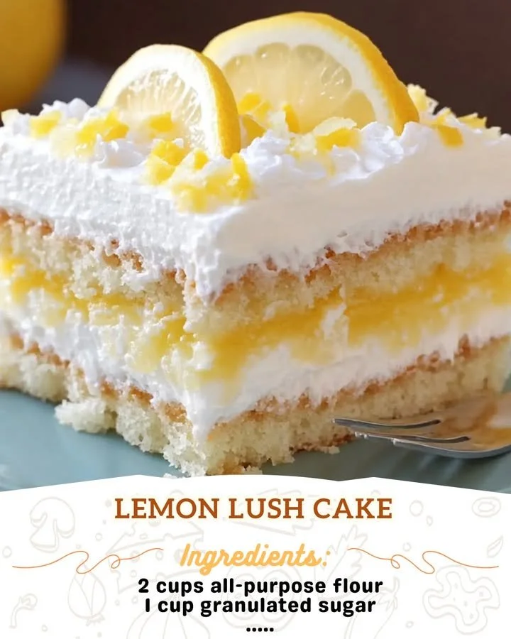 Lemon Lush Cake with layers of lemon flavor and creamy filling