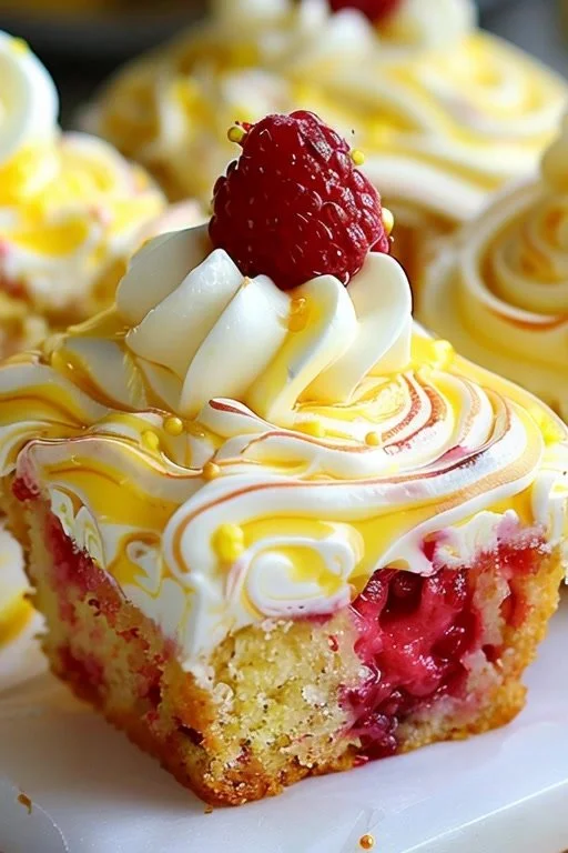 Lemon raspberry swirl square cupcakes topped with fresh raspberries and lemon zest.
