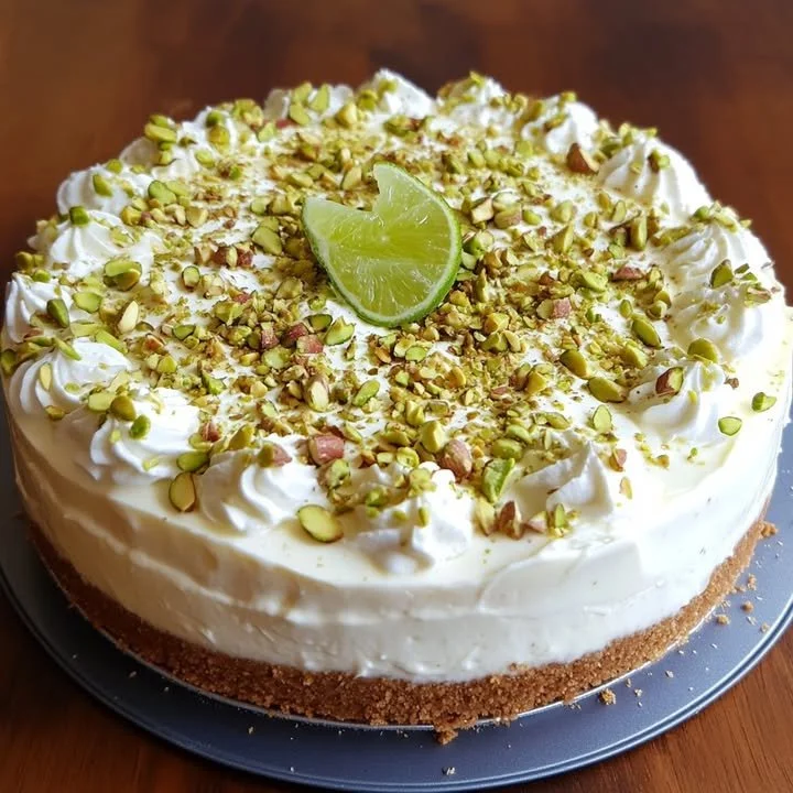 Lime cheesecake with a pistachio crust garnished with lime slices and mint leaves