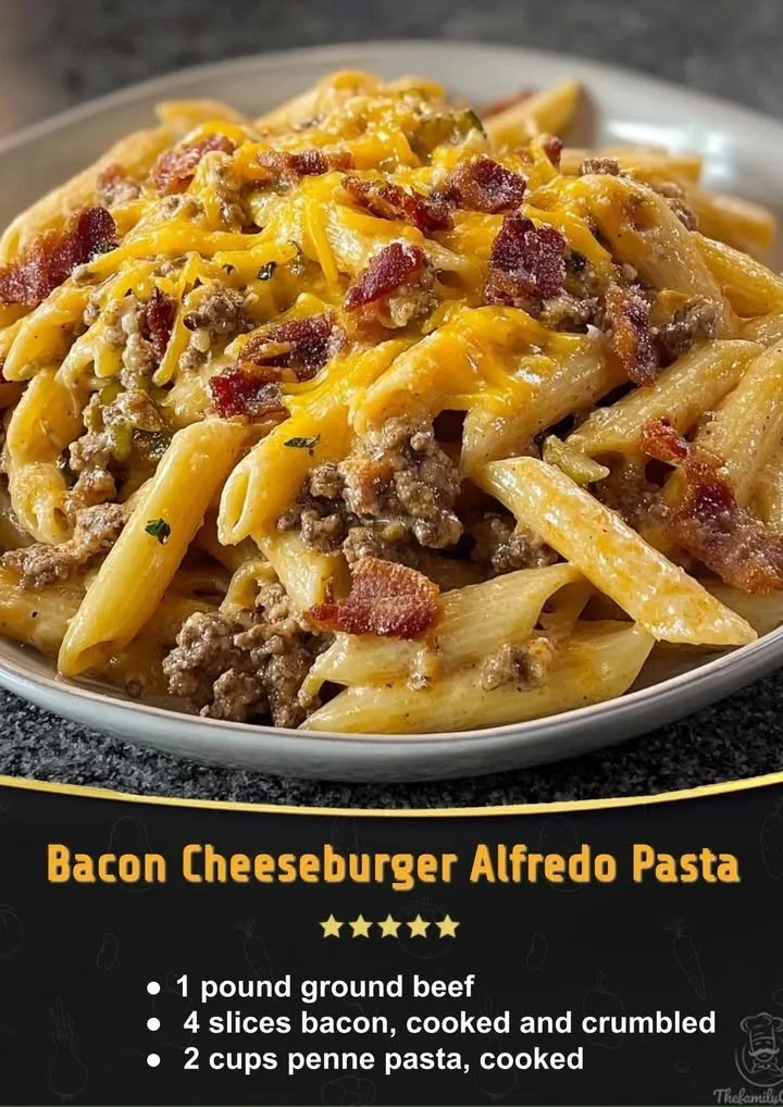Deliciously creamy Loaded Bacon Cheeseburger Alfredo Pasta topped with crispy bacon.
