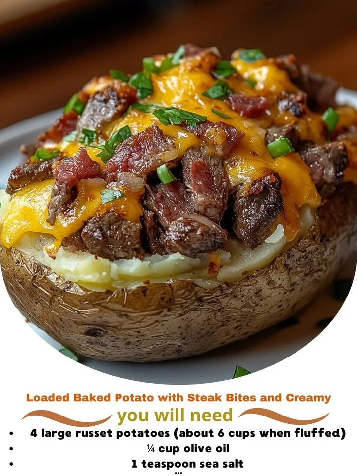 Loaded baked potato topped with steak bites and garlic parmesan sauce