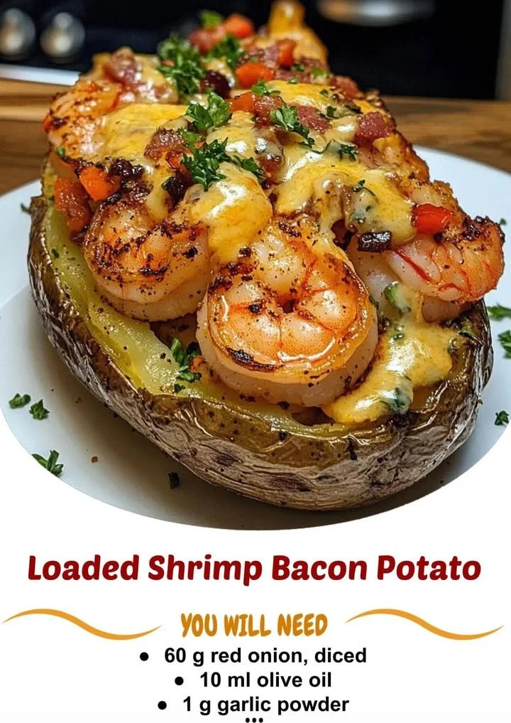 Delicious loaded shrimp bacon potato dish topped with cheese and green onions